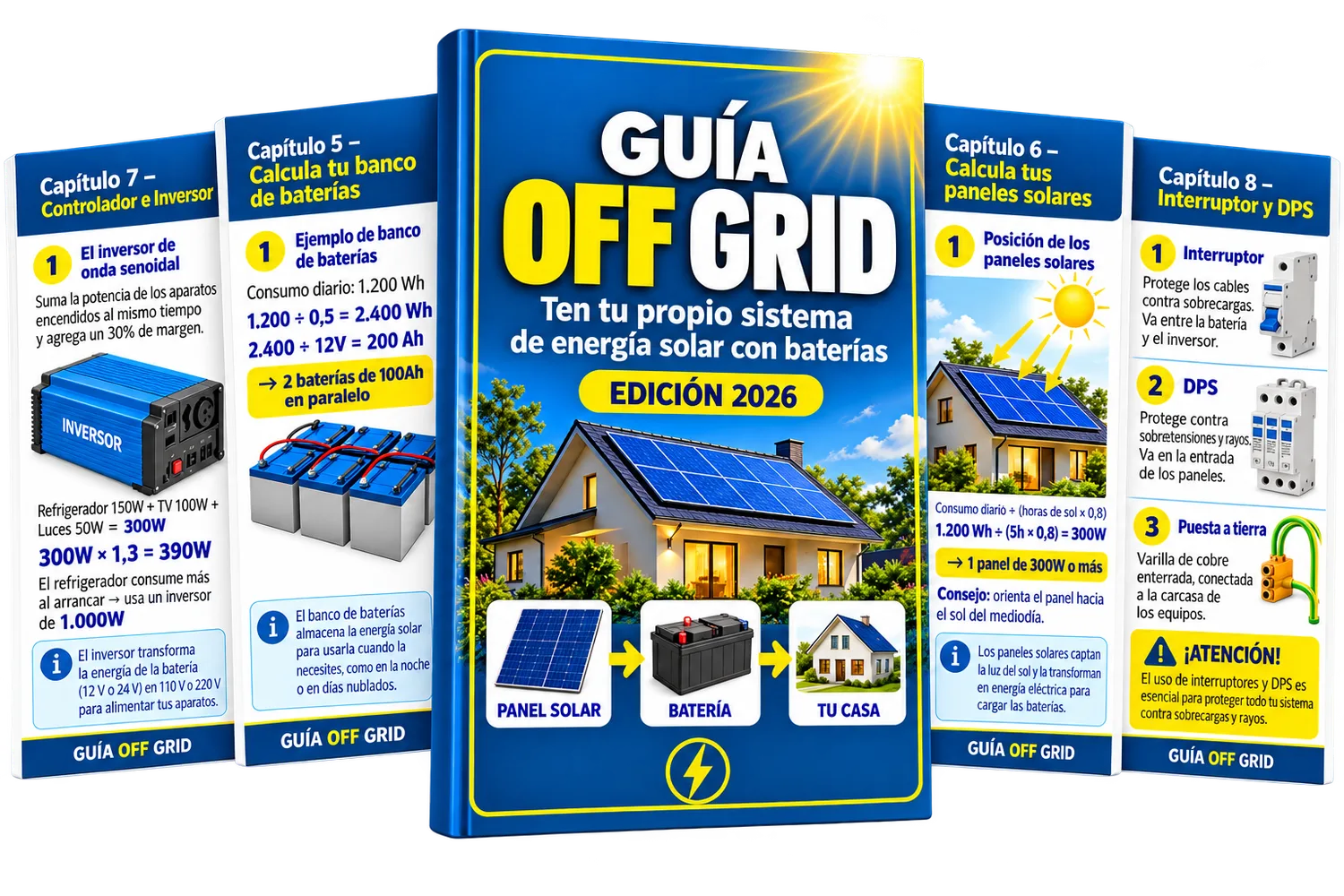 Guía Off-Grid — portada de la guía y páginas de capítulos sobre energía solar